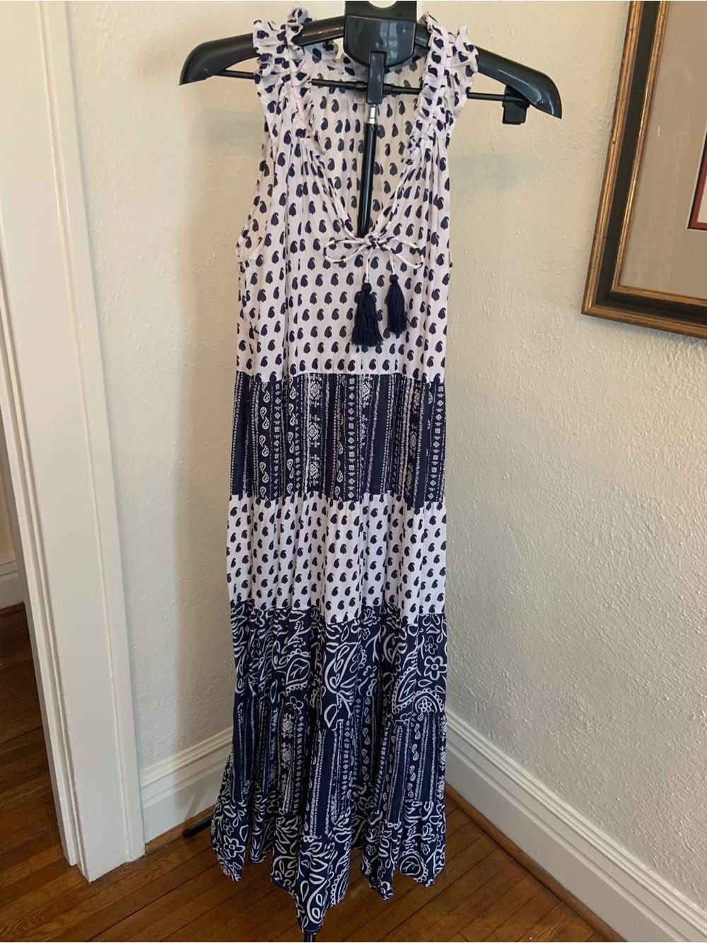 Mud Pie Dress Sleeveless Navy and White Maxi Dress with Tassel Tie